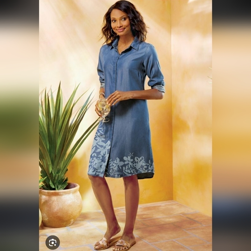 Soft Surroundings Shirt Dress Women's S Blue Floral Tencel Chambray